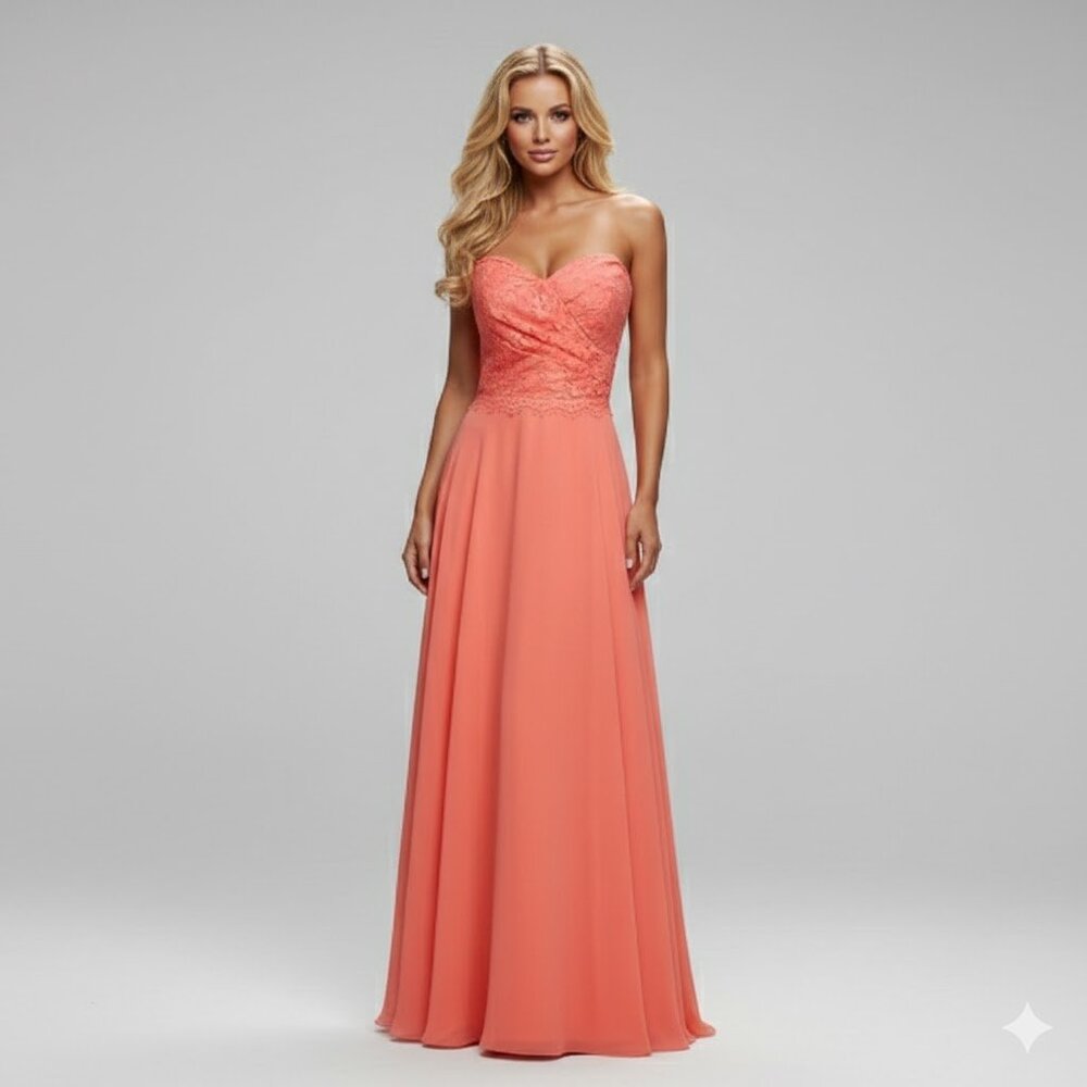 Christina Wu Strapless Coral Lace Gown